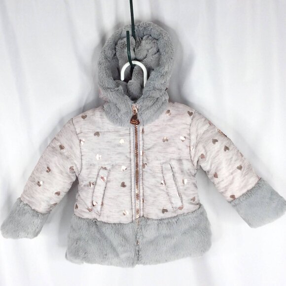 Infant 12 Months Girls Betsy Johnson Winter Jacket Gray Rose Gold Hearts Fur - Picture 1 of 8